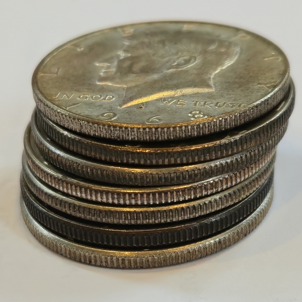 🇺🇸 7 Silver 40% Kennedy Half Dollars - 1968 Stack of Silver >1.0353 oz Silver
